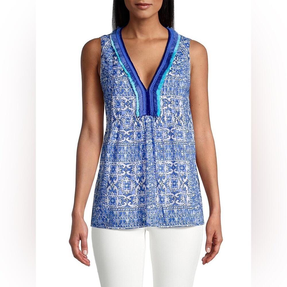 Vineyard Vines Tank Blue White Cay Scarf Print Nautical V-Neck Fringe Coastal XS
